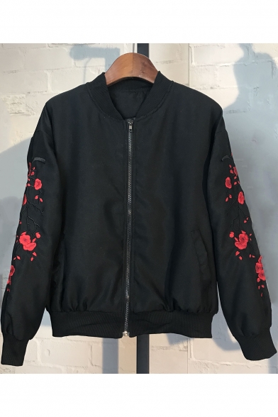 New Arrival Floral Embroidered Stand Up Collar Long Sleeve Zip Up Baseball Jacket