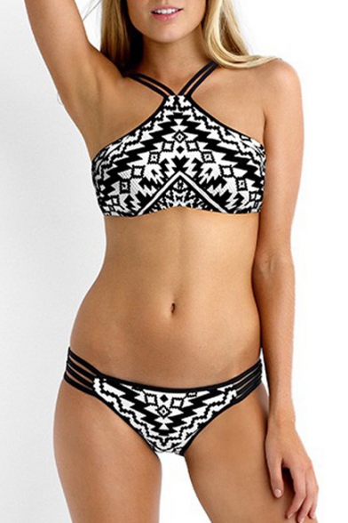 New Arrival Geometric Printed Open Back String Side Bottom Bikini Swimwear