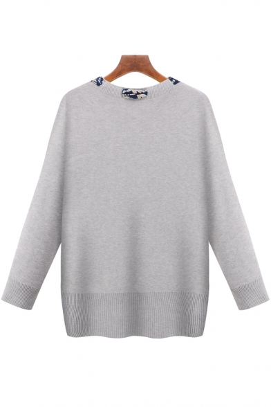 New Arrival Oversize Scarf Embellished Round Neck Long Sleeve Plain Pullover Sweater