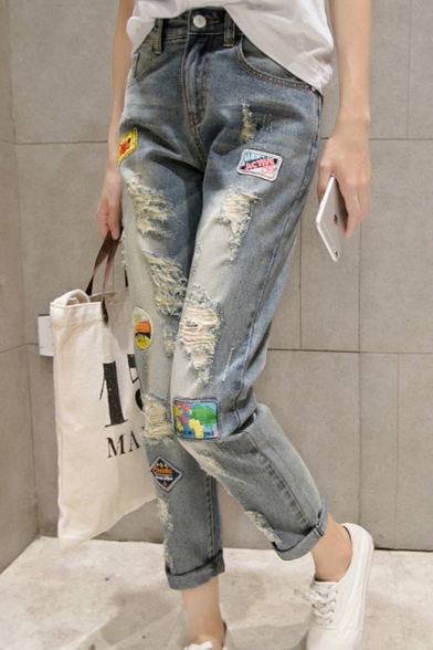 New Fashion Letter Print Patchwork Ripped High Waist Capris Jeans