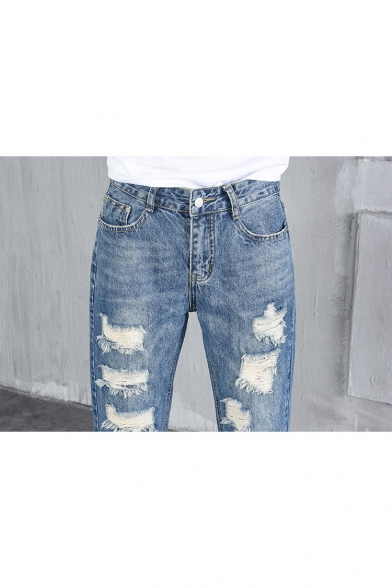 New Fashion Ripped Plain Casual Leisure Straight Legs Capris Jeans
