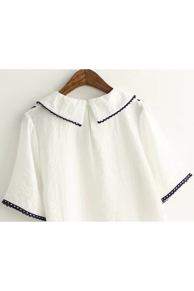 Peter Pan Collar Short Sleeve Contrast Stitching Loose Pullover Blouse