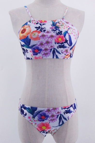 Retro Floral Printed Spaghetti Straps Hot Fashion Bikini Swimwear