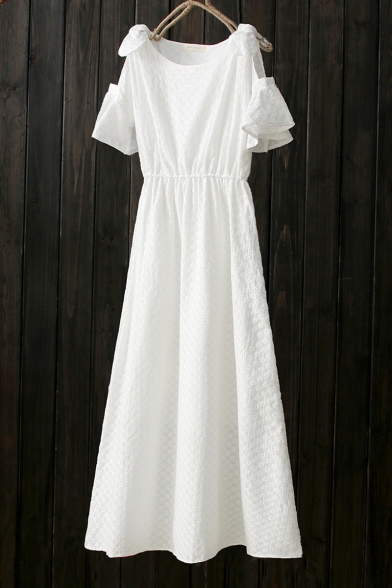 Round Neck Short Sleeve Cold Shoulder Floral Embroidered Maxi A-Line Dress