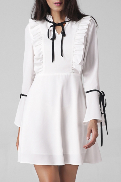Ruffle Hem V Neck Long Sleeve Bow Design Mini Plain A-Line Dress