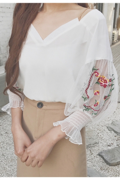 V Neck Bell Sleeve Sheer Floral Embroidered Sleeve Chiffon Pullover Blouse