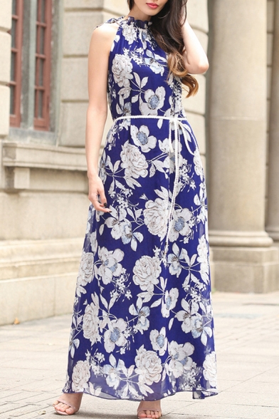 Halter Neck Sleeveless Floral Printed Boho Style Chiffon Maxi Dress