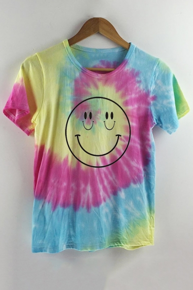 Happy Face Pattern Tie Dye Short Sleeve Round Neck Loose Graphic Tee