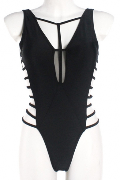 New Arrival Sexy Hollow Out Sheer Mesh Patched Plain One Piece Swimwear