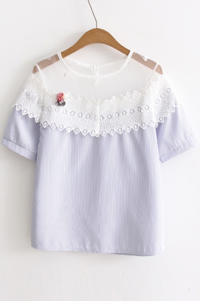 Sheer Lace Inserted Round Neck Short Sleeve Striped Printed Pullover Blouse