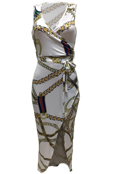 Women's V-Neck Sleeveless Tribal Printed Belt Waist Asymmetric Hem Dress