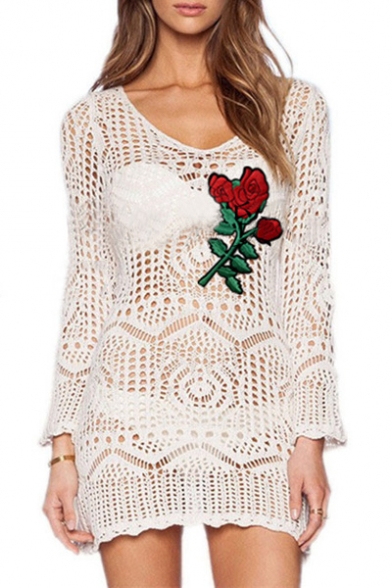 Fashion Embroidery Floral Pattern Hollow Out Long Sleeve Knitted Cover Ups