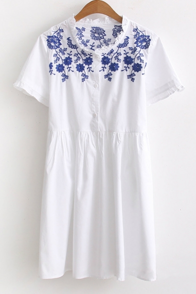 Floral Embroidered Round Neck Short Sleeve A-Line Midi Dress