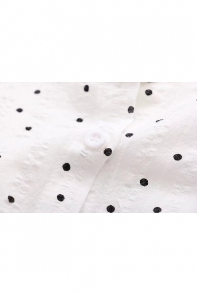 Fresh Polka Dot Pattern Half Sleeve Gathered Waist Buttons Down Shirt