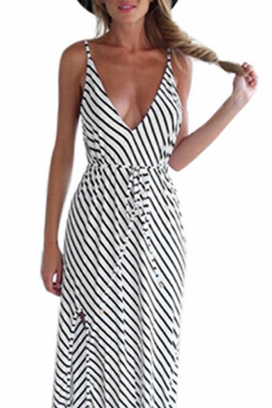 Hot Fashion Striped Pattern Open Back Maxi Beach Slip Dress