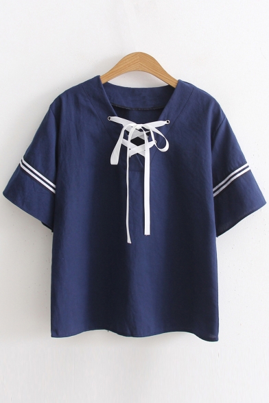 Lace-Up Front V Neck Short Sleeve Striped Leisure Pullover Casual T-Shirt