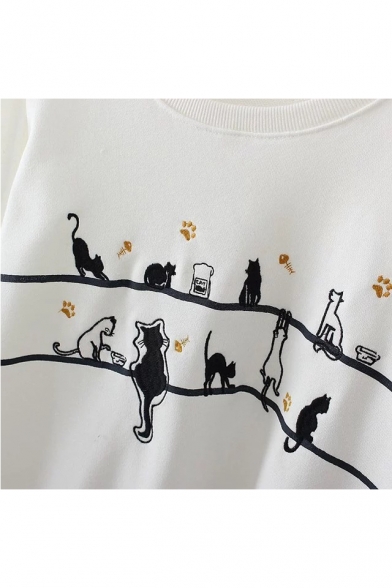 Lovely Cartoon Cat Printed Round Neck Long Sleeve Leisure Pullover Sweatshirt