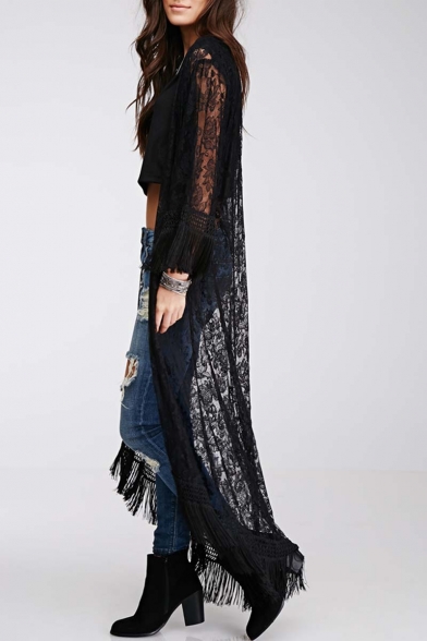 New Arrival Tassel Long Sleeve Open Front Tunic Lace Cardigan