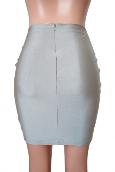 New Fashion Knotted Front Zip Back Plain Mini Bodycon Skirt