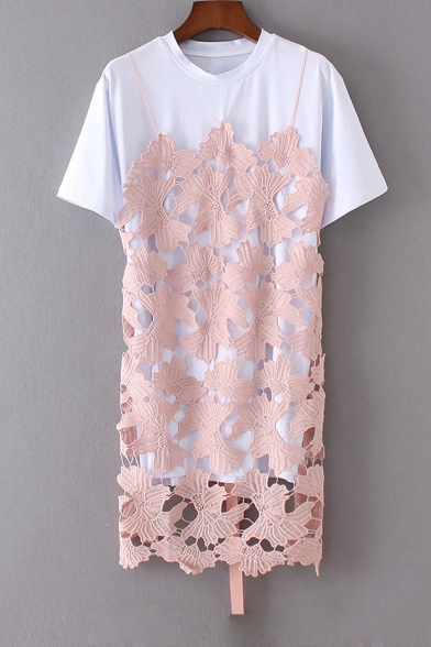 New Stylish Lace Patchwork Short Sleeve Round Neck False Two-Pieces Mini T-Shirt Dress