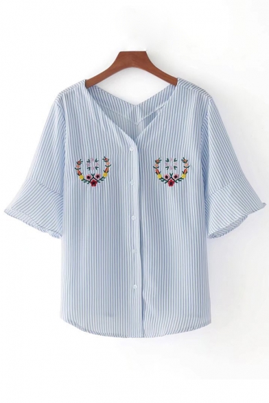 New Stylish V-Neck Embroidery Floral Pattern Single Breasted Striped Shirt