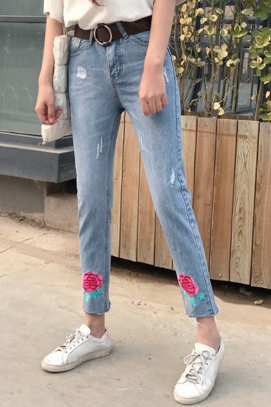Retro Floral Rose Embroidered Ripped Summer's Skinny Capris Jeans