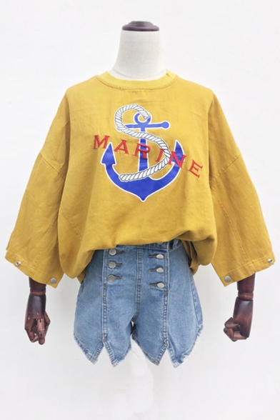 Round Neck 3/4 Sleeve Letter Embroidered Loose Casual Oversize T-Shirt