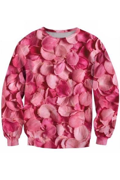 Round Neck Long Sleeve Digital Petals Pattern Pullover Sweatshirt