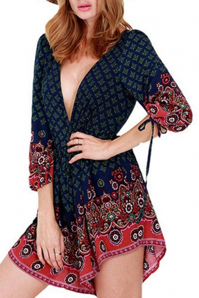 Sexy Plunge V-Neck 3/4 Length Sleeve Color Block Printed Rompers