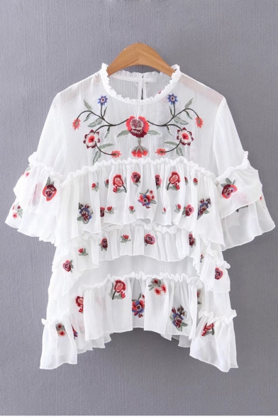 Sheer Multi-Layered Ruffle Embroidery Floral Half Sleeve Round Neck Blouse