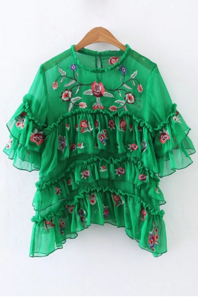 Sheer Multi-Layered Ruffle Embroidery Floral Half Sleeve Round Neck Blouse