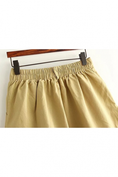 Simple Elastic Waist Plain Wide Leg Shorts with Two Pockets