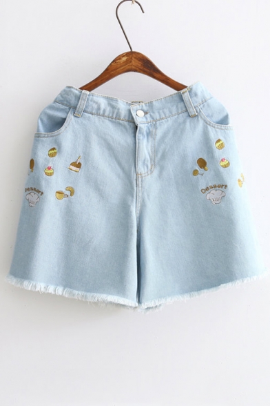 Summer Embroidery Pattern Fringe Hem Elastic High Waist Button Closure Denim Shorts