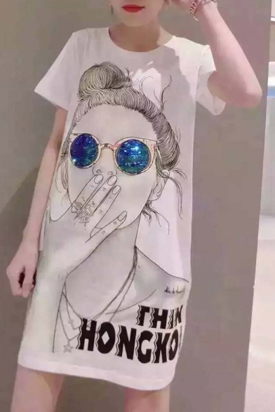 Women's Cartoon Printed Sequined Short Sleeve Round Neck Mini T-Shirt Dress