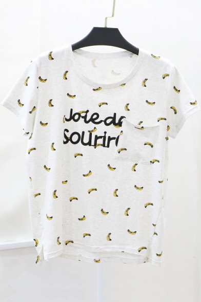 Banana Letter Printed Round Neck Short Sleeve Casual Tee with Single Pocket