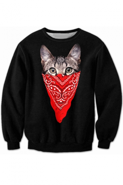 Cartoon Cat Pattern Round Neck Long Sleeve Fashion Sweatshirt