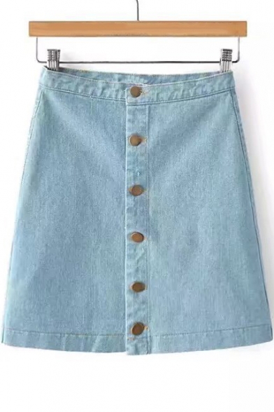 Fashion Single Breasted Plain Basic Denim Mini A-Line Skirt