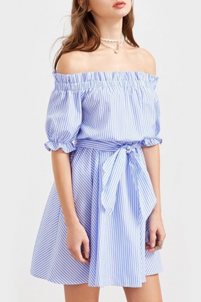 Fashion Striped Off the Shoulder Half Sleeve Belt Waist Mini A-Line Dress