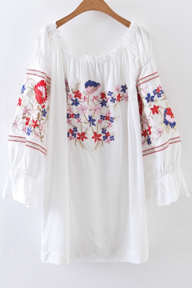 Floral Embroidered Boat Neck Long Sleeve Leisure Mini Swing Dress