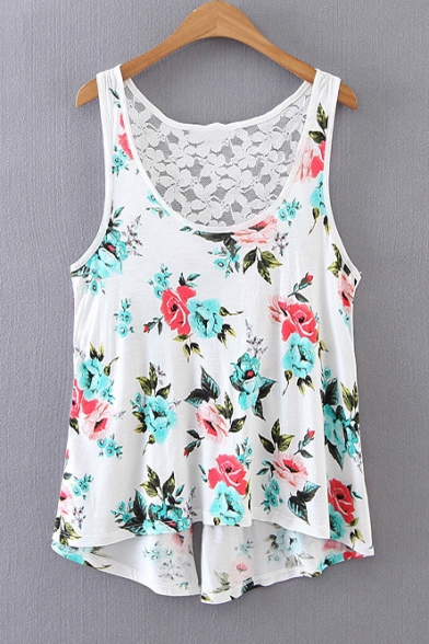 Floral Printed Scoop Neck Lace Back Leisure High Low Summer's Tank Tee