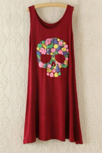 Funny Floral Skull Printed Sleeveless Scoop Neck Midi Tank Dress