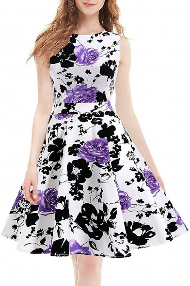 Glamorous Sleeveless Round Neck Floral Printed Midi Fit & Flare Dress