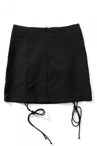 High Waist Chic Lace-Up Front Zip Back Plain Mini Bodycon Skirt