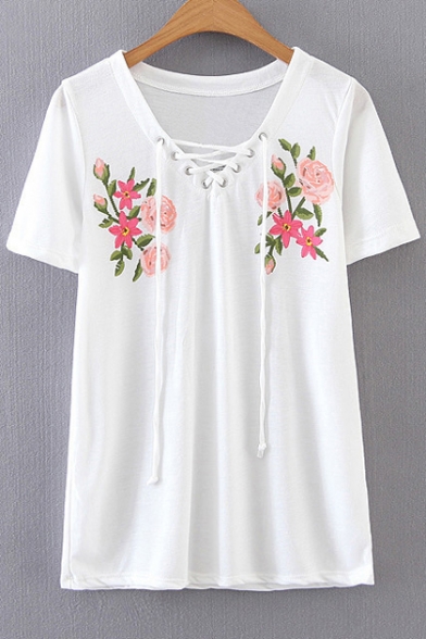 Lace-Up Front V Neck Short Sleeve Floral Printed Pullover T-Shirt