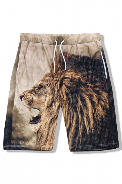 New Arrival Lion Printed Drawstring Waist Loose Sports Shorts