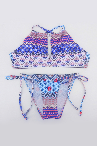 New Fashion Chic Printed Cut Out Front Halter Neck String Bottom Bikini Swimwear