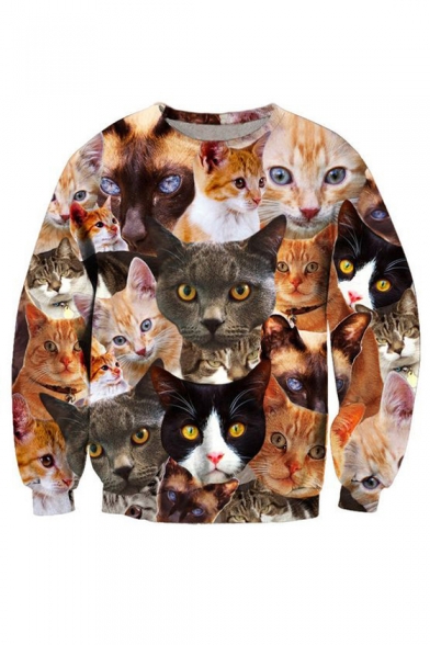 New Fashion Cute Cartoon Cats Printed Round Neck Long Sleeve Casual Sweatshirt