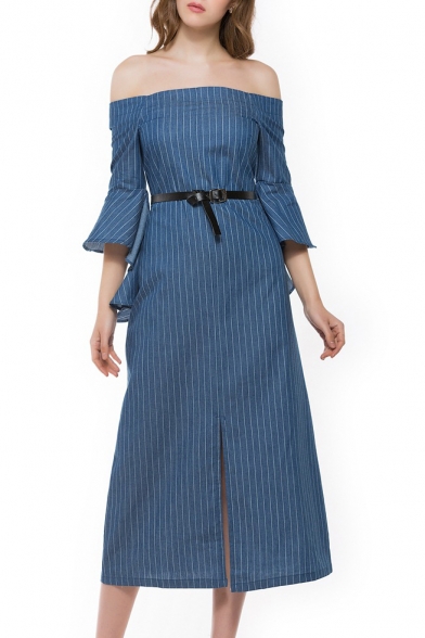 Off The Shoulder Half Sleeve Striped Printed Split Front Midi A-Line Dress with Belt Waist