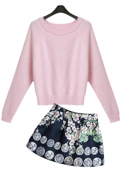 Round Neck Long Sleeve Plain Sweater with Mini A-Line Floral Printed Skirt