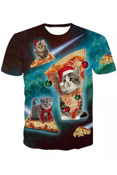 Stylish Digital Cartoon Cat Printed Round Neck Short Sleeve T-Shirt